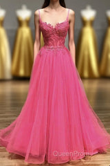 Hot Pink Floral Spaghetti Straps A-line Long Evening Prom Dresses