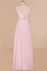 Pink Ruffle Lace-Up A-Line Long Bridesmaid Dresses
