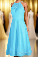 Pool Blue Chiffon Halter Short Bridesmaid Dresses