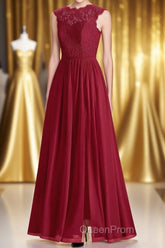Red Lace Cap Sleeve A-Line Long Bridesmaid Dresses