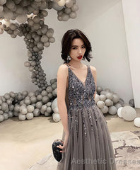 Gray V Neck Tulle Beads Long Prom Dress Gray Tulle Evening Dress