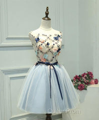 Gray Blue Tulle Short Evening Prom Dresses, Tulle Homecoming Dresses