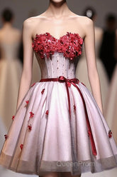 Red Sweetheart Neck Lace Short Evening Prom Dresses