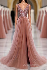 Pink V Neck Tulle Sequin Long Evening Prom Dresses, Pink Formal Dresses
