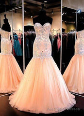 Floor-Length/Long Mermaid/Trumpet Sweetheart Tulle Prom Dresses