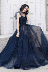 Dark Blue Sweetheart Tulle Long Prom Dress Blue Tulle Formal Dress