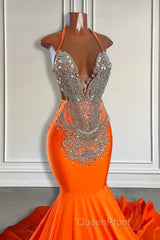 Sleeveless V-Neck Halter Mermaid Evening Prom Dresses With Beadings