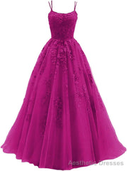 Womens Lace Appliques Prom Dresses Long Spaghetti Strap Ball Gowns Tulle Formal Dress for Party