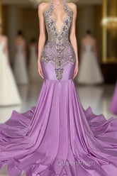 Long Lilac Sleeveless Halter Mermaid Evening Prom Dresses With Beadings
