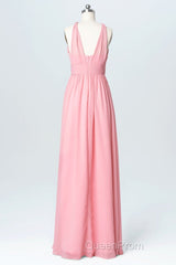 Pink Chiffon Halter Backless A-Line Long Bridesmaid Dresses