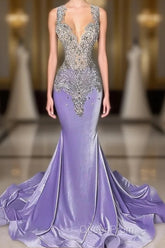 Lilac Mermaid Evening Prom Dresses with Scoop Neckline Sleeveless and Crystal Beadings
