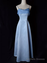 Vintage Blue Satin Spaghetti Straps Gown Elegant Dress