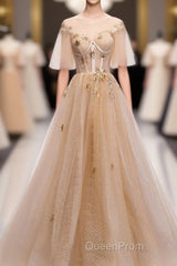 Champagne Round Neck Tulle Lace Long Evening Prom Dresses, Formal Dresses