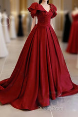 Simple Burgundy Satin Long Evening Prom Dresses, Burgundy Long Evening Dresses