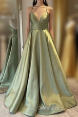 Green Simple A Line Satin Spaghetti Straps Long Evening Prom Dresses