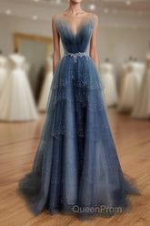 Gray Blue Tulle Beads Long Evening Prom Dresses, Blue Tulle Formal Dresses