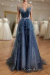 Gray Blue Tulle Beads Long Evening Prom Dresses, Blue Tulle Formal Dresses