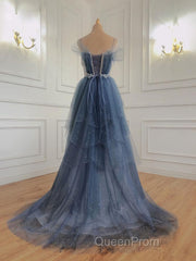 Gray Blue Tulle Beads Long Evening Prom Dresses, Blue Tulle Formal Dresses