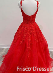 Red Tulle Lace A Line Formal Evening Dresses Appliques Long Evening Prom Dresses