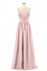 Dusty Pink Spaghetti Straps Banded Waist Long Bridesmaid Dresses