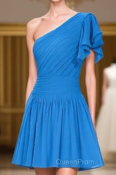 Blue One-Shoulder Ruffled Sleeve Short Bridesmaid Dresses