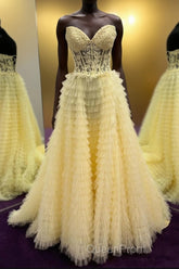 Yellow Lace-Up Floral Multi-Layers Strapless A-line Long Evening Prom Dresses