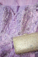 Lilac Off-the-Shoulder Appliques Tulle Long Prom Dress with Slit