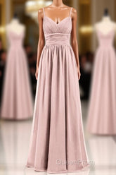 Dusty Pink Spaghetti Straps Banded Waist Long Bridesmaid Dresses