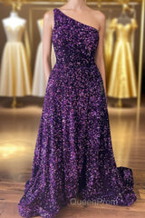 Purple Sequin One-Shoulder Backless A-Line Long Evening Prom Dresses