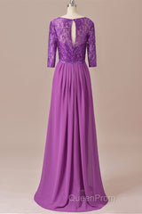 Purple Lace Round Neck Keyhole Back Long Mother of the Bride Dresses