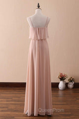 Blush Pink Spaghetti Strap Ruffled Long Bridesmaid Dresses