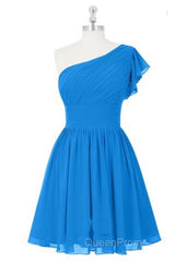 Blue One-Shoulder Ruffled Sleeve Short Bridesmaid Dresses