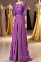 Purple Lace Round Neck Keyhole Back Long Mother of the Bride Dresses