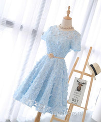 Cute Blue Lace Short Evening Prom Dresses, Blue Homecoming Dresses