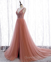 Pink V Neck Tulle Sequin Long Evening Prom Dresses, Pink Formal Dresses
