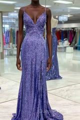 Tight Purple Sequined Long Evening Prom Dresses with Slit