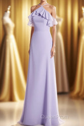 Lavender Halter Ruffled A-Line Long Bridesmaid Dresses