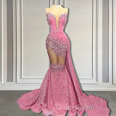 V-Neck Sequins Evening Prom Dresses Mermaid Sleeveless Crystal.