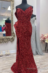 Asymmetrical Burgundy Sequin Strapless Mermaid Long Prom Dress with Slit