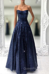 Long Navy Blue Sequin Evening Prom Dresses