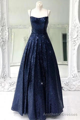 Stunning Sleeveless A Line Navy Blue Sequin Prom Dresses
