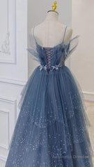 Shiny Tulle A-Line Spaghetti Straps Blue Prom Dresses Party Gowns Evening Dress