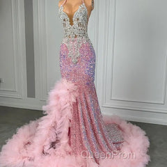 Pink Halter Mermaid Evening Prom Dresses with Sequins Beadings and Tulle Ruffle