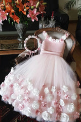 A Line Round Neck Pink Hand Made Flowers Flower Girl Dresses, Tulle Wedding Party Dresses,
