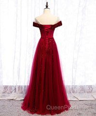 Burgundy Round Neck Tulle Sequin Long Evening Prom Dresses, Tulle Formal Dresses