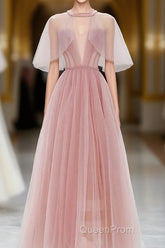 Pink Tulle Tea Length Evening Prom Dresses, Pink Tulle Formal Dresses