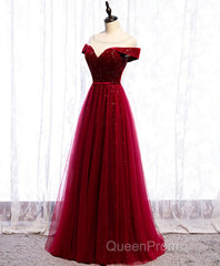 Burgundy Round Neck Tulle Sequin Long Evening Prom Dresses, Tulle Formal Dresses