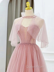 Pink Tulle Tea Length Evening Prom Dresses, Pink Tulle Formal Dresses
