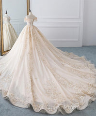 Champagne Off Shoulder Tulle Lace Long Wedding Dresses, Wedding Gown