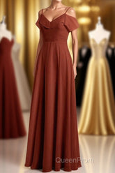 Rust Orange Chiffon Straps Ruffled A-Line Bridesmaid Dresses